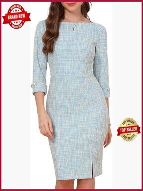 Boat Neck 3/4 Sleeve Tweed Pencil Sheath Dress Work